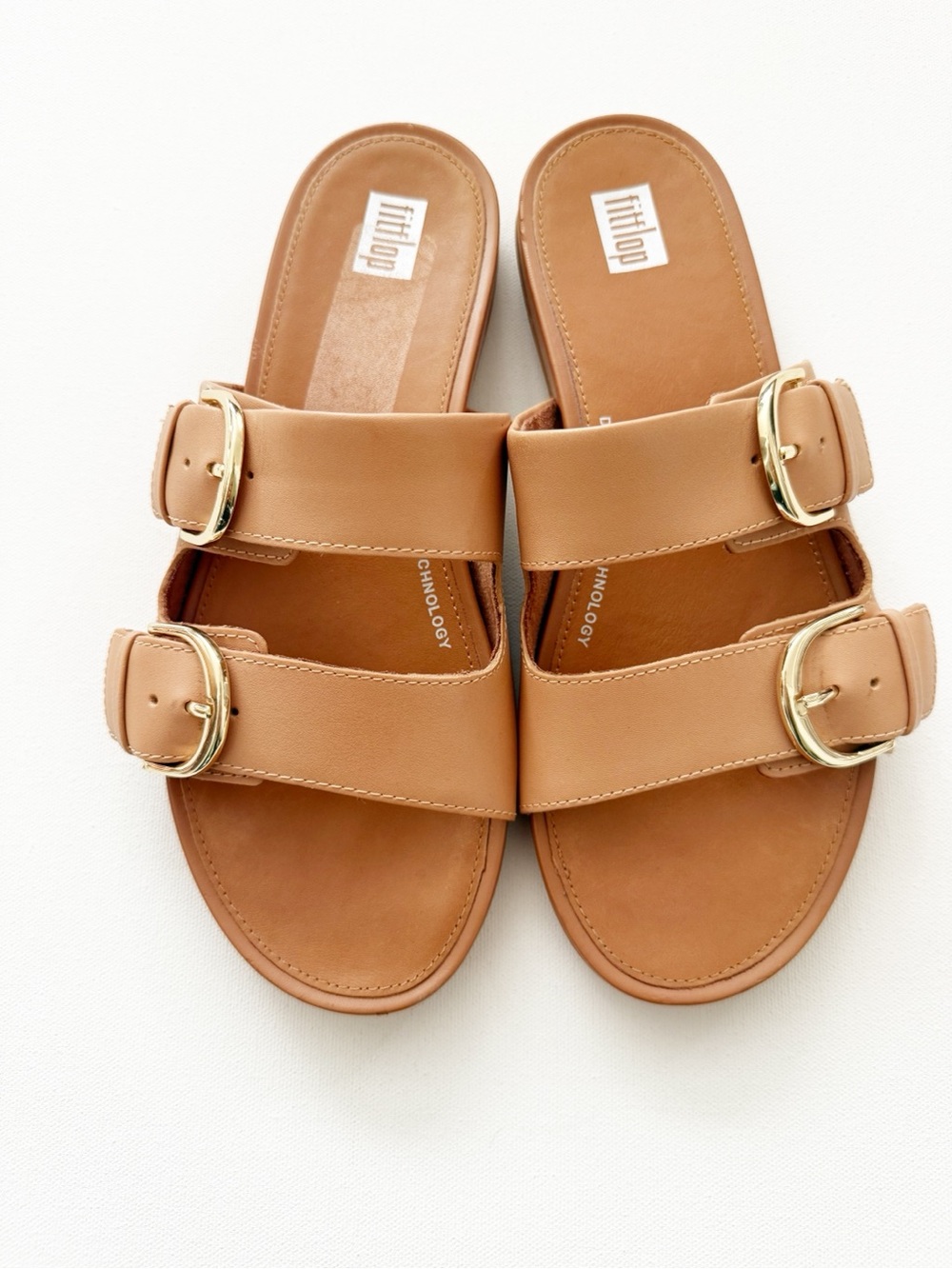fitflop Gracie Double-Buckle Two-Bar Tan Leather Slide Sandals, Size 7